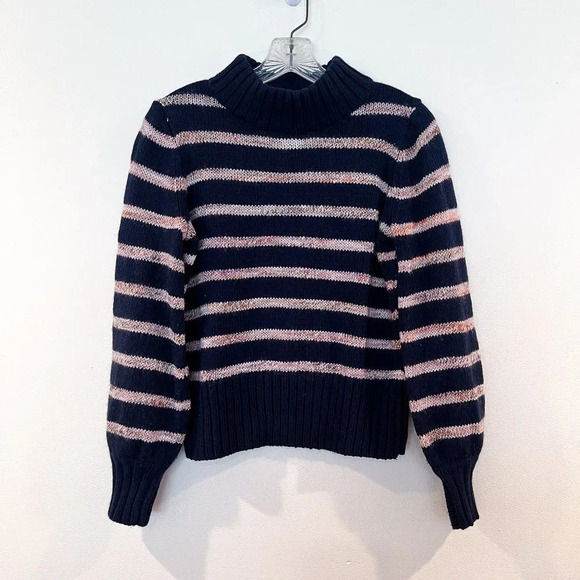 Madewell Wool Blend Navy Pink Striped Mock Neck Preppy Knit Pullover Sweater S - Picture 2 of 6
